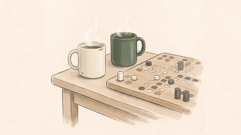 Illustratsioon kahest kruusist ja lauamängust laual.