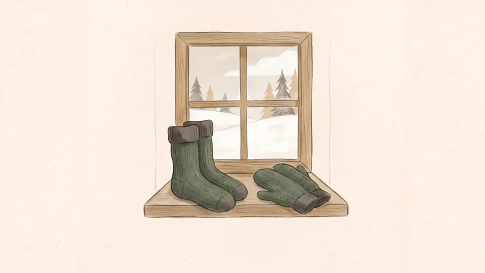 Illustratsioon villastest sokkidest ja labakinnastest talvise akna ääres.