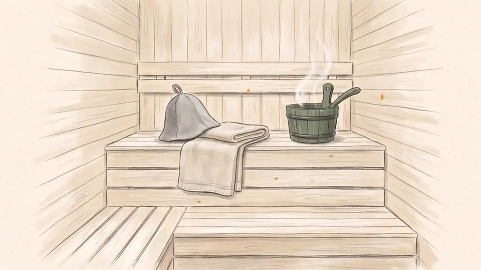 Illustratsioon vildist saunamütsist, linasest rätikust ja puidust saunakapast.