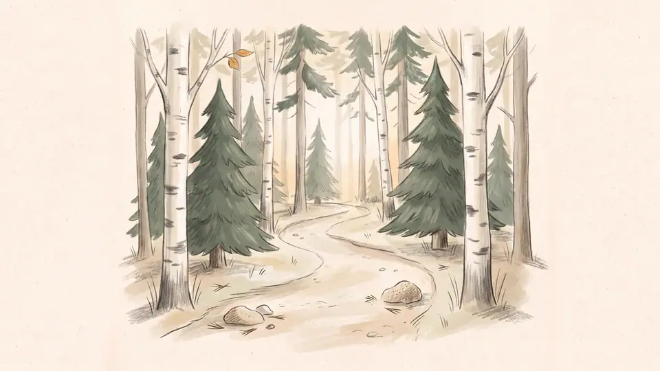 Illustratsioon vaiksest metsarajast kaskede ja kuuskede vahel.