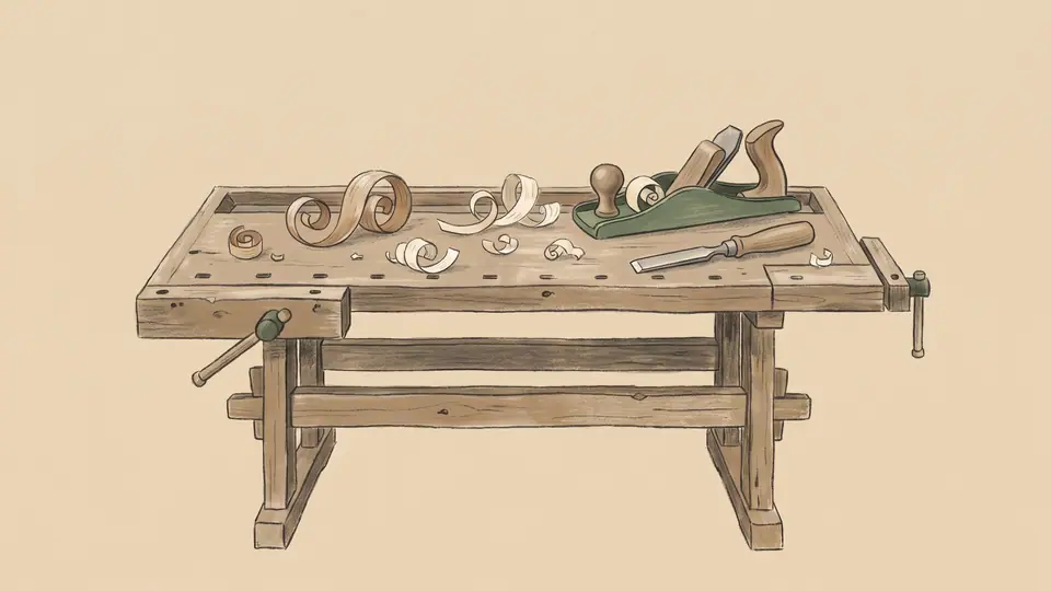 Illustratsioon käsitöölise tööpingist, puulaastudest ja lihtsatest käsitööriistadest.